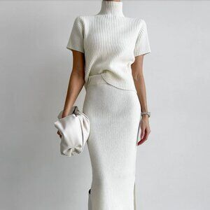 Commense High Neck Split Ribbed Knit Skirt Set